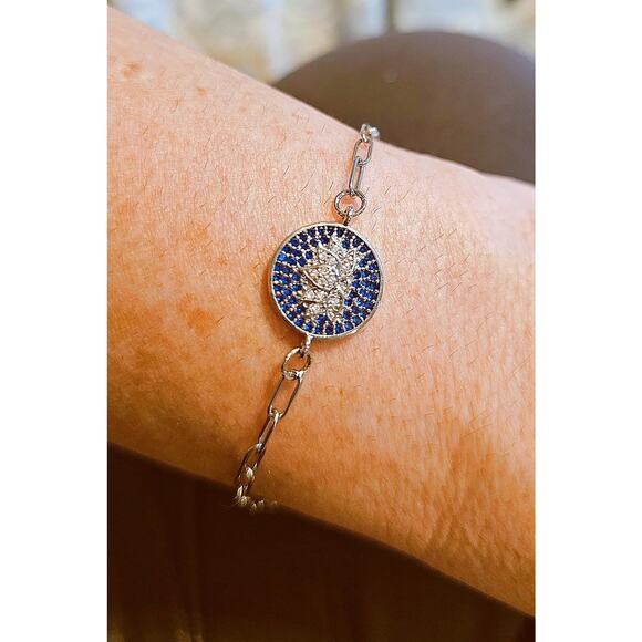 Handmade Lotus CZ Charm Bracelet Blue Stainless Steel Adjustable Paperclip Chain - Picture 1 of 4